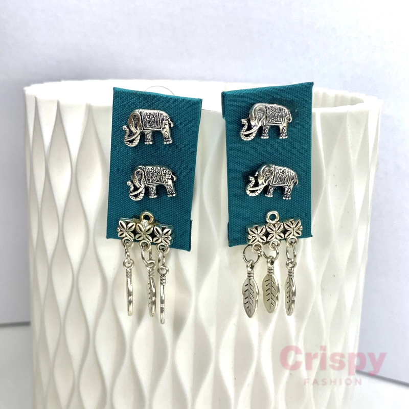 Tribal Elephant and Feather Fabric Dangler Earrings