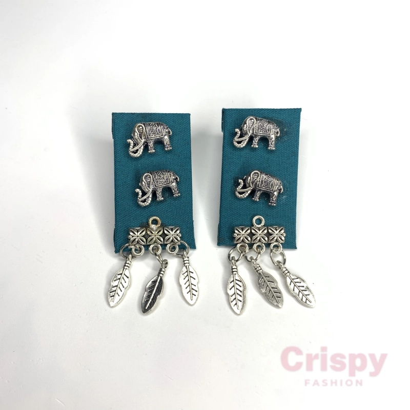 Tribal Elephant and Feather Fabric Dangler Earrings