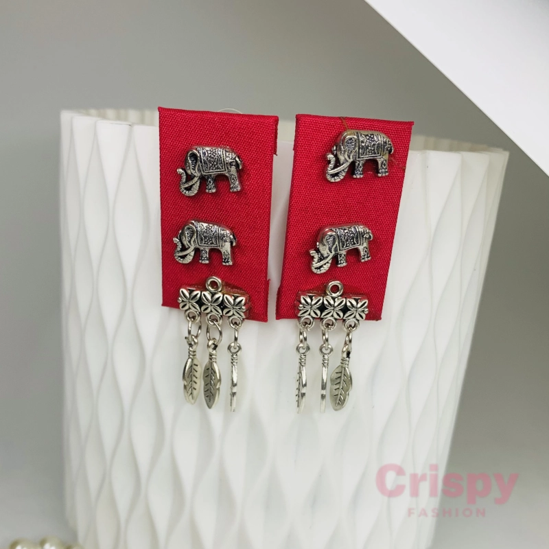Tribal Elephant and Feather Fabric Dangler Earrings