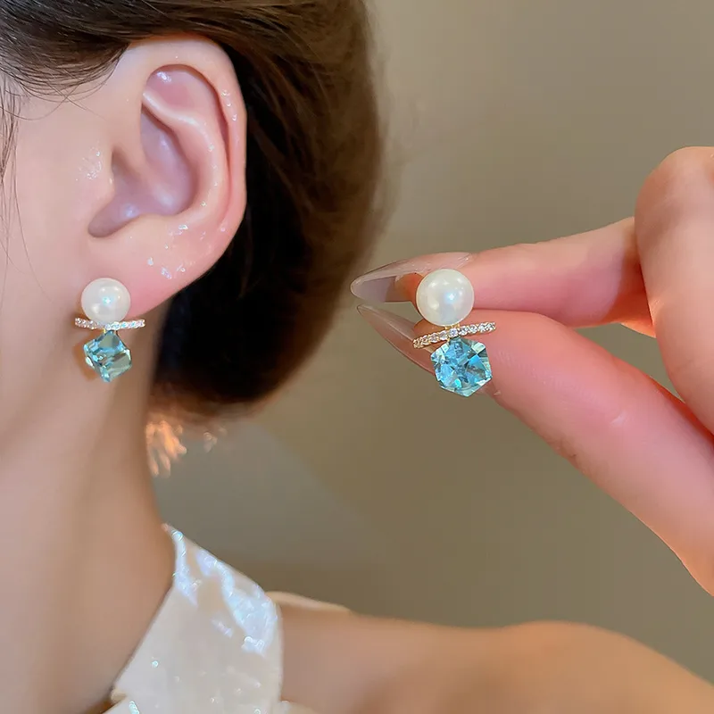 Pearl and Blue Crystal Drop Stud Earrings