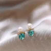 Pearl and Blue Crystal Drop Stud Earrings