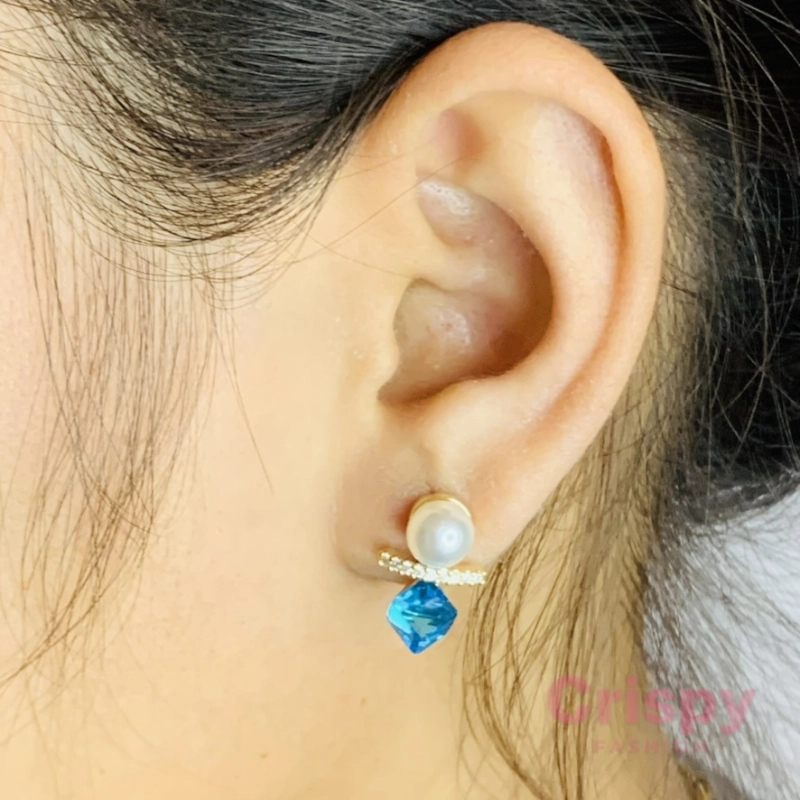 Pearl and Blue Crystal Drop Stud Earrings