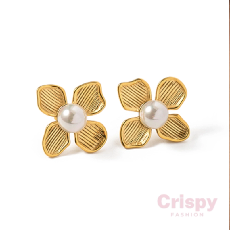 Ribbed Golden Flower & Pearl Stud Earrings