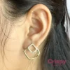 Geometric Golden & Crystal Square Stud Earrings