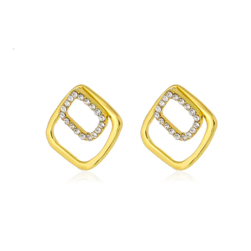 Geometric Golden & Crystal Square Stud Earrings